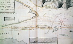 Mapa de travessias no rio Saint Lawrence, perto de Quebec, perto da ilha de Orleans, mapa desenhado por James Cook (1728-1779) entre 1758-1763, Canadá