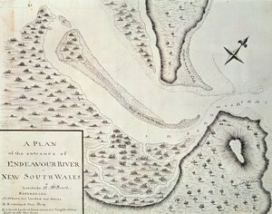 Mapa de entrada do Endeavour River, mapa da conta da primeira viagem liderada por James Cook (1728-1779) entre 1768 e 1771, Austrália