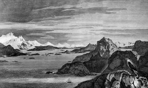 Vista do Som de Natal, Tierra del Fuego, desenho de William Hodges, gravura de William Watts, ilustração de Voyage towards South Pole, e Round World, de James Cook (1728-1779), edição publicada em Paris em 1778