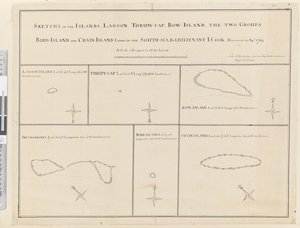 iii. Esboços da Lagoa das Ilhas, Thrum-Cap, Bow-Island, os Dois Grupos, Ilha das Aves e Ilha da Corrente, deitados no Sul, Mar... descoberto na APL 1769 de James Cook