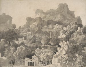 Paisagem rochosa com edifícios clássicos, c.1745 (caneta e tinta com lavagem no papel) de James Deacon