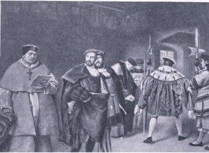 Dispensa do Cardeal Wolsey pelo Rei Henrique VIII, da História do Povo Britânico de Cassells publicada pela Waverley Book Company, c.1950s de James Dromgole Linton