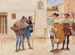O Mercador de Veneza de Shakespeare: Bassanio, Lorenzo, Old Gobbo e Launcelot Gobbo (litografia a cores) de James Dromgole Linton