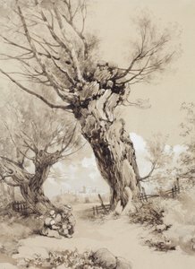 Paisagem com figuras sob árvores podadas