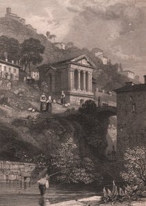 Vista do Templo de Clitunno ao longo do rio Clitunno perto de Campello sul Clitunno, Umbria, Itália, gravura em aço da Jordânia após desenho de James Duffield Harding (1798-1863), cerca de 10, 5x15 cm de James Duffield Harding