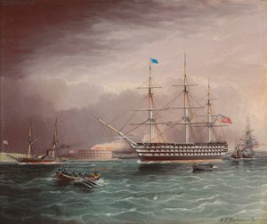 O USS Pensilvânia sob reboque no início da Guerra Civil Americana com Fort Monroe em segundo plano