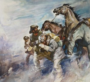 Homens e cavalos a combater uma tempestade (guache sobre papel) de James Edwin McConnell