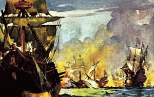 O último combate de Sir Richard Grenville no seu navio "The Revenge