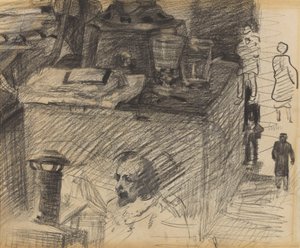 Canto do atelier com pedestal de lareira, baú e figuras de James Ensor