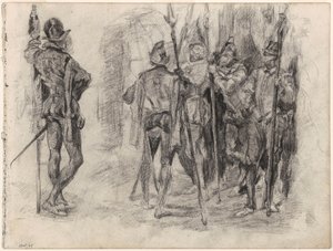Esboços de figuras e cinco soldados espanhóis com lanças de James Ensor