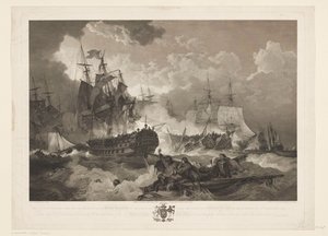 Escória bij Kamperduin, 1797
A Vitória obtida sobre a frota holandesa pelo Esquadrão Britânico do Mar do Norte sob o comando do Almirante Duncan na acção do 11.º de Outubro de 1797 (título sobre o objecto)