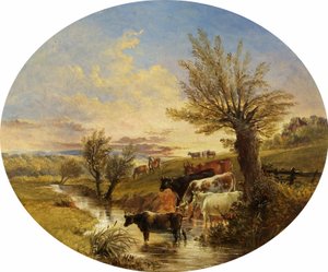 Paisagem com fluxo e gado, 1888 de James Flewitt Mullock