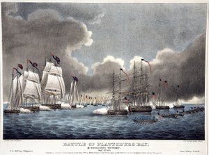 A Batalha da Baía de Plattsburg: McDonoughs Victory, pub. 1840 (gravura a cores)