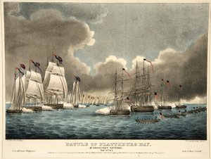 Batalha da Baía de Plattsburg: McDonough&39;s Victory, pub. 1840 (gravura colorida à mão)