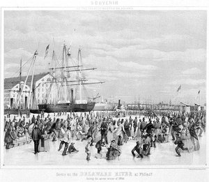 Cena no rio Delaware na Filadélfia durante o Inverno rigoroso de 1856, c.1860 (litho) (foto a p/b)
