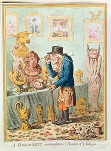 Um Cognocenti contemplando as belezas de Ye Antique, publicado por Hannah Humphrey, 1801 (gravura à mão colorida)