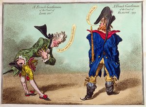 Um cavalheiro francês do Tribunal de Luís XVI e um cavalheiro francês do Tribunal de Egalite, publicado em 1799 (gravura à mão colorida)