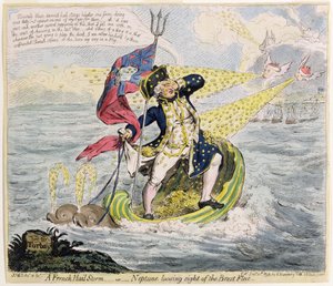 Uma tempestade de granizo francesa, ou Netuno perdendo de vista a Frota de Brest, publicada por Hannah Humphrey em 1793 (gravura à mão colorida)