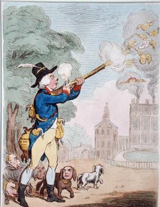 A Good Shot, ou Billy-Ranger the Game-Keeper em um belo país esportivo, publicado por Hannah Humphrey em 1792 (gravura colorida à mão) de James Gillray