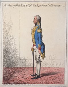 Um esboço militar de um palito dourado ou um brasão de pó, publicado por Hannah Humphrey em 1800 (gravura à mão colorida)