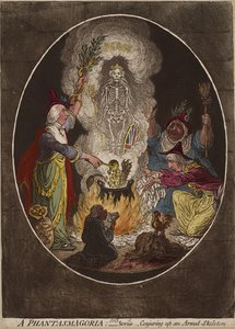 A Phantasmogoria; - Cena - Conjuring-up an Armed-Skeleton., Janeiro 5,1803 (gravura colorida à mão e água-forte em papel tecido) de James Gillray