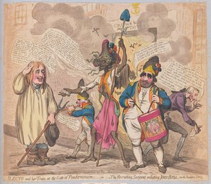 Alecto e seu trem na porta do Pandaemonium ou o Sarjeant de recrutamento enlising John Bull no serviço da revolução, bar. (gravura colorida à mão)