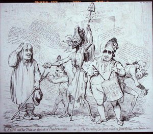 Alecto e o seu comboio na Porta do Pandemónio, ou O Sargento Recrutador que recrutou John Bull para o Serviço da Revolução, publicado por S.W. Fores em 1791 (gravura) de James Gillray