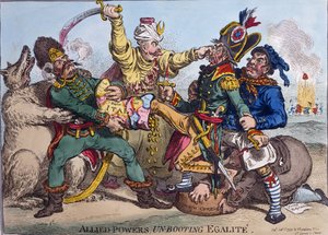 Alied Powers Un-Booting Egalite, publicado por Hannah Humphrey em 1799 (gravura à mão colorida)