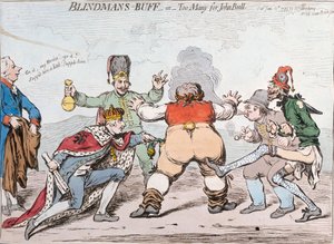 Blindman&39;s Buff, ou Too Many para John Bull, publicado por Hannah Humphrey em 1795 (gravura à mão colorida)