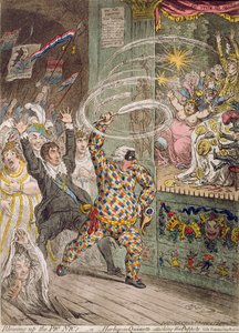 Explodindo o Pic Nic&39;s, ou Arlequim Quixote atacando os Fantoches, publicado por Hannah Humphrey em 1802 (gravura à mão colorida com aquatint)