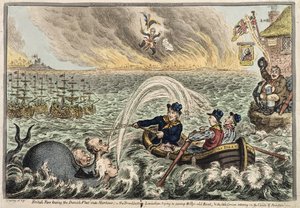 Os britânicos Tars rebocando a frota dinamarquesa até o porto, ou o Broadbottom Leviathan tentando afundar o velho barco de Billy, e o pequeno corso cambaleando sobre as nuvens da ambição, 1807 (gravura à mão colorida