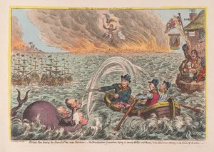 Tars britânicos que rebocam a frota dinamarquesa em Porto: o Leviathan de fundo de Borad que tenta pântano Billys Barco velho & o pequeno Corsário que cambaleia nas Nuvens de Ambição, bar. 1807 (engra colorido à mão