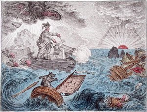 Bruin in his Boat, ou The Manager in Distress, publicado por Hannah Humphrey em 1806 (gravura colorida à mão) de James Gillray