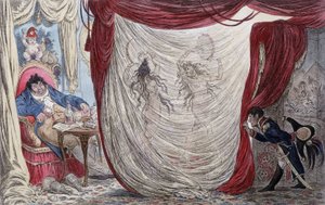 Desenho animado sobre Napoleão, Paul Barras, Josefina e Mademoiselle de Fontenay, chamada ausii Teresa (Theresa ou Terezia) Cabarrus, chamada Madame Tallien (Talien) ou estas senhoras dançam nuas para Barras, sob o olhar furtivo de Napoleão [sendo Josefina
