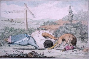 Changing Places, ou Fox cheirando o texugo do seu Ninho, publicado por William Humphrey em 1782 (gravura colorida à mão) de James Gillray