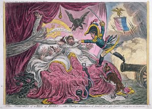 Confortos de uma cama de rosas, publicado por Hannah Humphrey em 1806 (gravura à mão colorida com aquatint) de James Gillray