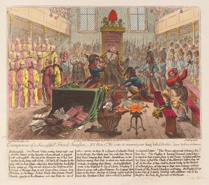 Consequências de um bem-sucedido pub francês Invasion. 1798 (gravura colorida à mão)