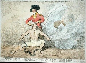 Cooling the Brain, ou The Little Mayor Shaving the Shaver, publicado por J. Aitken em 1789 (gravura colorida à mão) de James Gillray
