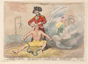 Esfriando o cérebro ou o pequeno major raspando o barbeador, pub. 1789 (gravura colorida à mão)