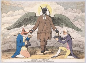 Migalhas do conforto, ou ortodoxos velhos que restauram a consolação a suas crianças caídas, bar. 1782 (gravura colorida à mão) de James Gillray