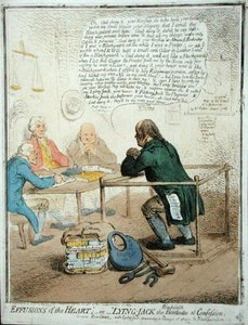 Effusions of the Heart, ou "Lying Jack the Blacksmith at Confession", publicado por Hannah Humphrey em 1795 para a Sociedade Filantrópica (gravura colorida à mão) de James Gillray