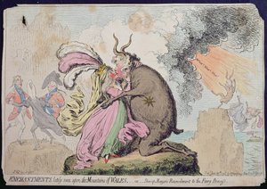 Encantos recentemente vistos na Montanha de Gales, ou Reconciliação de Shon-ap-Morgan para a Princesa das Fadas, publicado por Hannah Humphrey em 1796 (gravura à mão colorida)