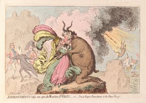 Encantos recentemente vistos nas Montanhas de Gales ou Shon-ap Morgans Reconciliação com a Princesa das Fadas, pub. 1796 (gravura colorida à mão)