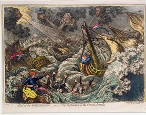 Fim da invasão irlandesa, ou a destruição da armada francesa, publicada por Hannah Humphrey em 1797 (gravura à mão e água)