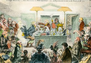 Sátira inglesa sobre a ciência: novas descobertas em materiais pneumáticos. Desenho satírico sobre o entusiasmo pelas conferências científicas do século XIX. Gravura de James Gillray (1757-1815) de James Gillray