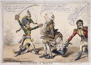 Evacuação de Malta, publicada por Hannah Humphrey em 1803 (gravura à mão colorida)