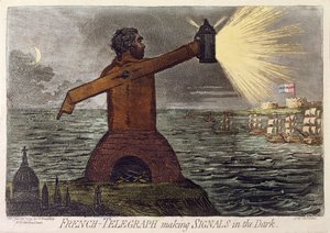 Francês-telégrafo fazendo sinais no escuro, publicado por Hannah Humphrey em 1795 (gravura com a aquatint)
