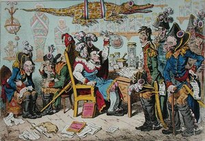 Os generais franceses que se retiram por causa da sua saúde com Lepaux presidindo ao Dispensatório Directorial, publicado por Hannah Humphrey em 1799 (gravura colorida à mão) de James Gillray