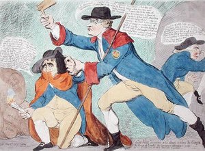 Guy Vaux descoberto na tentativa de destruir o Rei e a Casa dos Lordes, publicado por Hannah Humphrey em 1791 (gravura colorida à mão) de James Gillray