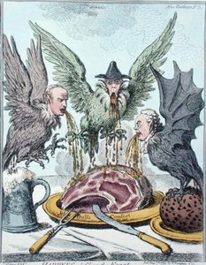 Harpia Destruindo a Festa, publicado por Hannah Humphrey em 1799 (gravura colorida à mão) de James Gillray